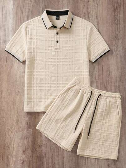 Manfinity Joysei Men's Jacquard Solid Color Textured Ribbed Collar 3-Button Polo Shirt Set