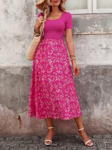 SHEIN Holidaya Đầm maxi đơn giản phối màu, in họa tiết, thích hợp mặc hàng ngày cho nữ. - Màu Hồng Tươi - Xem 3
