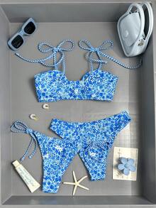 Swim Mod Bộ đồ bơi 2 mảnh dệt kim gợi cảm, không dây, in họa tiết hoa kẻ caro, thanh lịch, ngọt ngào, thích hợp cho tiệc ngoài trời, bikini mùa hè duyên dáng dành cho nữ. - Nhiều màu - Xem 3