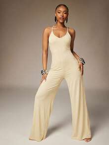 Denimoi Open Back Wide Leg Jumpsuit Sexy Jumpsuits X-Back Jumpsuits Vacation Ibiza European Summer - Apricot - View 3