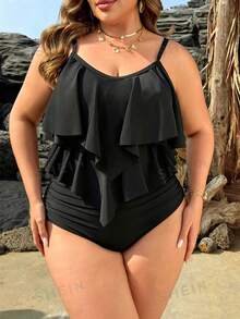 SHEIN Swim Lushore Bộ bikini 2 mảnh dành cho nữ cỡ lớn, màu đen, viền bèo nhún đôi và quần tam giác xếp ly họa tiết da báo, hở lưng. - màu đen - Xem 3