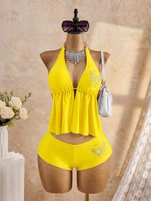 Bellisia Bộ đồ bơi tankini màu đen đính đá và hoa, thích hợp cho kỳ nghỉ biển mùa xuân/hè 26SS. - Màu vàng - Xem 2