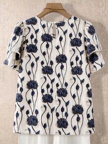 Linhara Plus Size Women's Solid Color Round Neck Double Layer Sleeve Short Casual Blouse, Pleated Fashionable Versatile Summer Holiday Ladies Tops - Blue - View 2