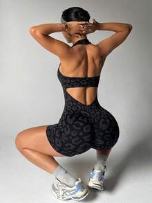 SHEIN BamGlam 豹纹露背无袖连体裤，夏季运动服 - 黑色 - 查看 5