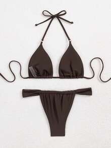 Swim Basics Women's Summer Beach Solid Color Halter Tie Sexy Bikini Swimwear Set - Coffee Brown - View 2