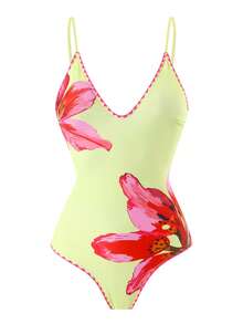 SHEIN Swim Oasis Bộ đồ bơi liền thân không gọng, dây mảnh, cạp cao, in kỹ thuật số, kèm chân váy dài bằng lưới, thích hợp cho kỳ nghỉ biển mùa xuân/hè. - Màu vàng - Xem 4