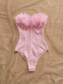Soleia Ruffled Strapless Bodysuit For Women, Suitable For Vacation, Holiday, Party, Afternoon Tea, Music Festival, Beach, Summer Outfit, Boho, Crochet, Linen - Baby Pink - View 5