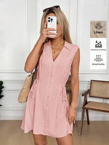 Vestido corto sin mangas con rayas y nudo delantero para mujer, adecuado para vacaciones de verano, ir al trabajo y uso diario - Rosa - Ver 3
