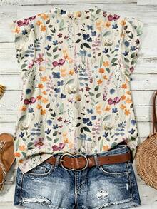 EMERY ROSE Plus Size Women Plant Print Cap Sleeve Shirt - Multicolor - View 2
