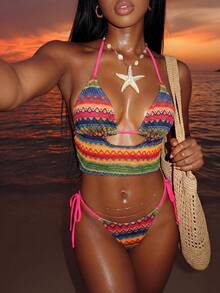 Slaydiva 新款春夏纹理针织性感抽绳沙滩度假吊带上衣和阔腿裤两件套泳衣套装（女款） - 彩色 - 查看 8