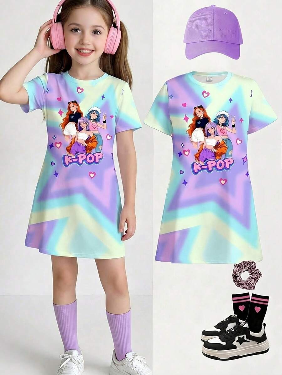 SHEIN 女童圆领卡通字母印花休闲简约连衣裙,适合春夏日常穿着、外出和度假。 - 彩色 - 查看 1