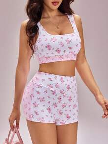 FavEase 2pcs/Set Women's Deep U-Neck Racerback Sports Bra And Ditsy Floral Shorts For Outdoor Workout - White - View 7