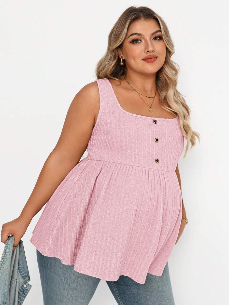 Plussiva Plus Size Maternity Button-Up Casual Blouse, Suitable For Outings And Vacations - Pink - View 1