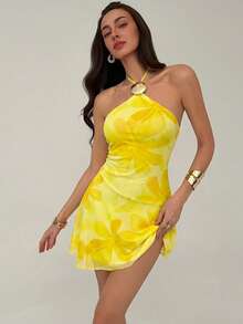 Aloruh Abito mini da donna con stampa floreale e collo a canottiera, stile vacanziero - Giallo chiaro - Visualizzare 3