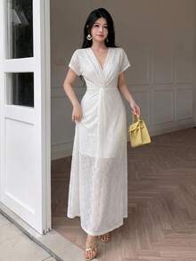 Celisse Petite 女士提花蕾丝扭结鱼尾连衣裙，优雅 - 杏色 - 查看 3