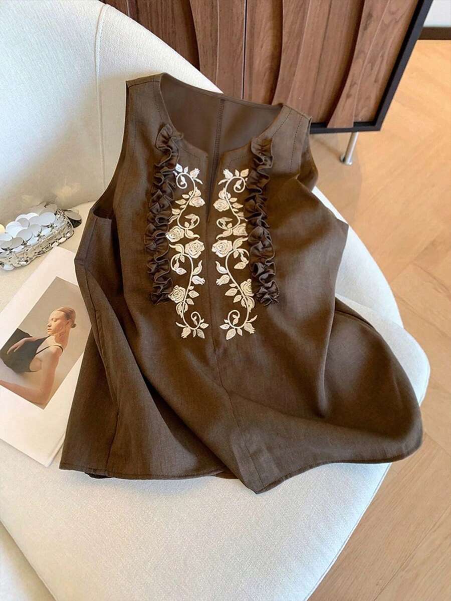 INAWLY 女士圆领荷叶边花卉刺绣休闲百搭日常上衣 - 咖啡棕 - 查看 1