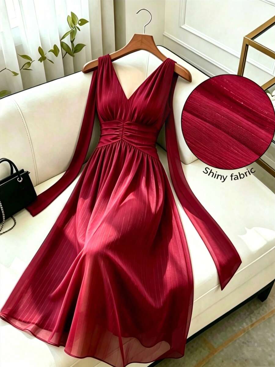 Modelyn 女士优雅浪漫闪亮V领系腰酒红色连衣裙，适合约会、度假、通勤、家庭聚会、春夏穿着 - 紅色 - 查看 1