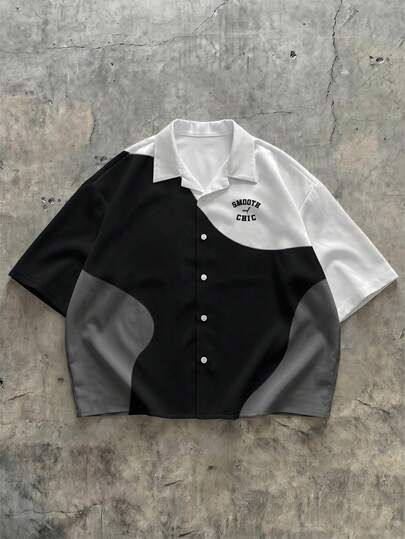 Manfinity EMRG Men's Single-Breasted Color Block Letter Print Casual Versatile Daily Wear Shirt