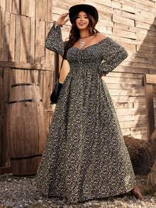 SHEIN PETITE CURVE 春夏新款短款女士复古V领泡泡袖抽绳前开襟碎花浪漫优雅波西米亚风度假连衣裙 - 彩色 - 查看 5
