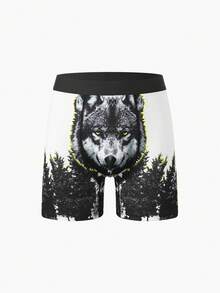 Rest Era Men's Wild Forest Wolf Graphic Long Boxer Shorts, Casual Comfy Underpants For Men - Black and White - View 1