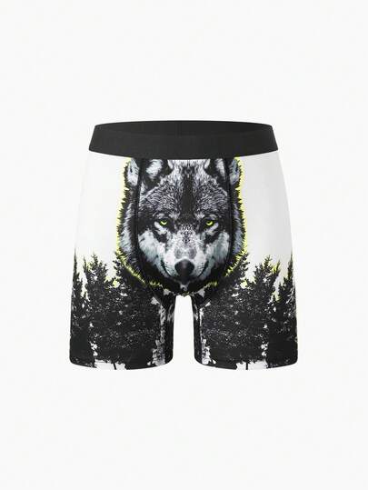 Men's Wild Forest Wolf Graphic Long Boxer Shorts, Casual Comfy Underpants For Men