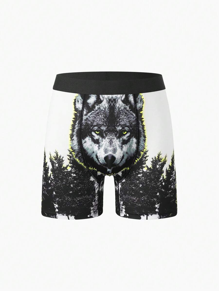 Rest Era Men's Wild Forest Wolf Graphic Long Boxer Shorts, Casual Comfy Underpants For Men - Black and White - View 1