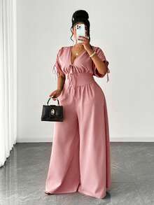 Maweii Mono elegante de manga corta con cuello en V y cordón ajustable para tallas grandes - Rosa vieja - Ver 5