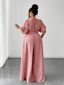Maweii Mono elegante de manga corta con cuello en V y cordón ajustable para tallas grandes - Rosa vieja - Ver 6