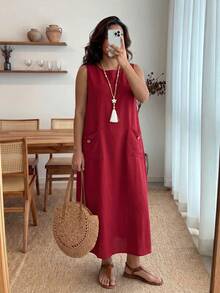 Enliva Vestido informal de cambio sin mangas de unicolor con bolsillos para mujeres talla grande - Burdeos - Ver 3