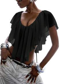 LYSMO 2026 New Minimalist Spring/Summer Women's Solid Color Ruffle Asymmetric Hem Blouse, Summer Top, Black - Black - View 5