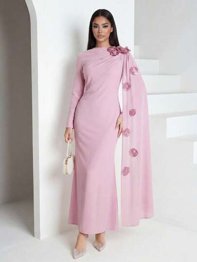 Veilorie Women's Pink Pearl Decorated Arabic Style Dress