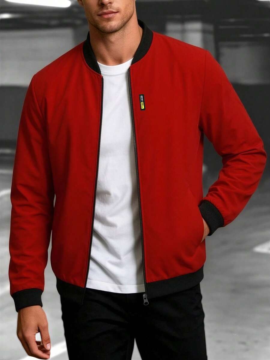 Manfinity Homme Men's Contrast Color Casual Long Sleeve Jacket - Red - View 1