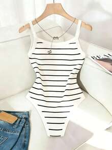 SHEIN LUNE 女士夏季休闲条纹连体衣 - 黑與白 - 查看 2