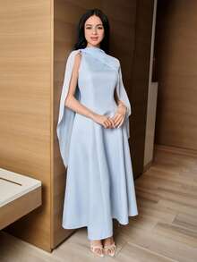 Modelyn 女士纯色不对称设计披肩袖优雅中长连衣裙 - 藍色 - 查看 6