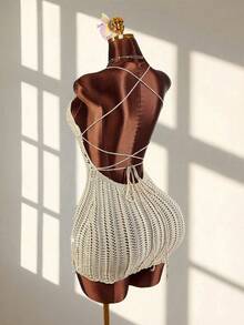 Amplova Vestido mini con escote con forma de concha, espalda cruzada y sin espalda, sexy y vanguardista, adecuado para atuendo de vacaciones - Marrón - Ver 2