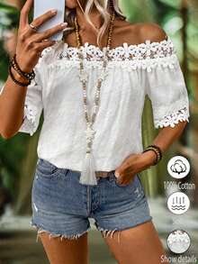 EMERY ROSE 女士纹理面料蕾丝边饰时尚细节衬衫，休闲女式衬衫 - 白色 - 查看 2