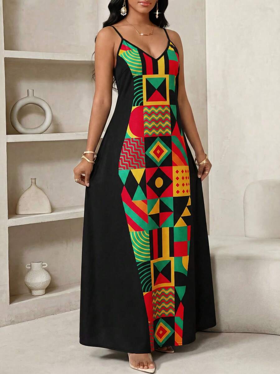 SHEIN Lady CURVE Plus Size Women Geometric Print Casual Sleeveless Dress - Multicolor - View 1