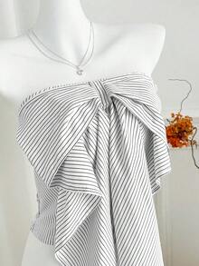 Sweetra Áo kiểu croptop không tay, trễ vai, dáng ôm, thắt nơ, kẻ sọc, thanh lịch và đa năng cho mùa xuân/hè. - màu đen - Xem 3