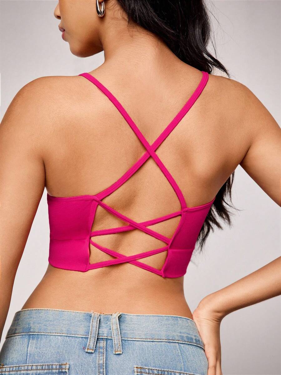 SHEIN 1件玫瑰红露背女士吊带背心 - 玫紅色 - 查看 1