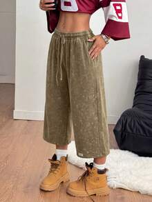 Coolane Women Summer Spring Streetwear Vintage Washed Distressed, Comfortable Denim Effect Black Shorts Wide Leg Capri Pants Loose - Rust Brown - View 6