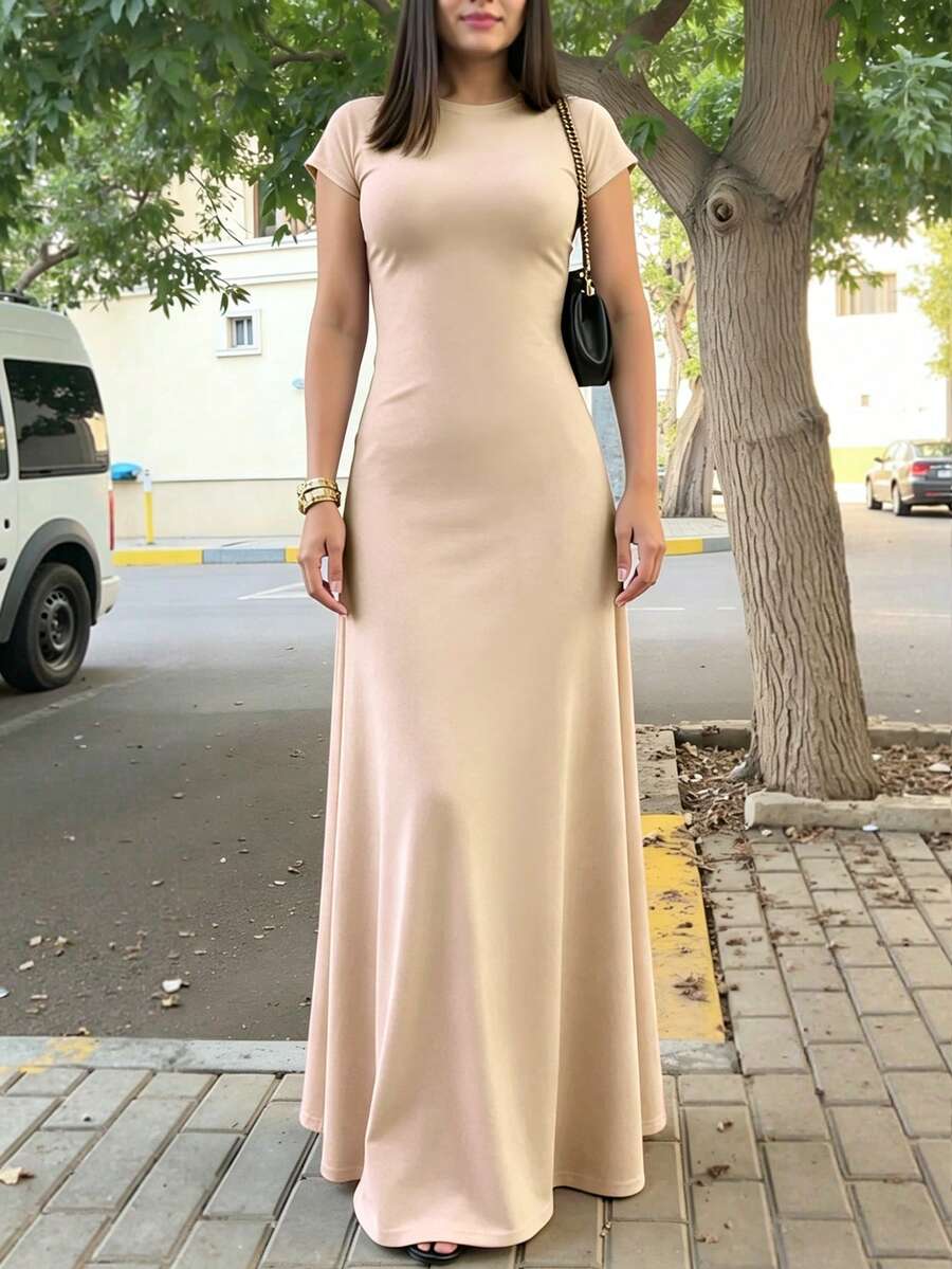 INAWLY Solva Đầm nữ màu trơn cổ tròn, kiểu dáng thường ngày, thích hợp cho tiệc tùng và du lịch. - Màu be - Xem 1