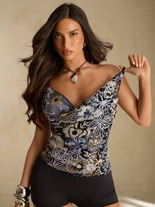 SHEIN 女士优雅上衣，亮片刺绣时尚性感吊带背心，适合休闲度假、假日约会、时尚派对等场合。 - 黑色 - 查看 6