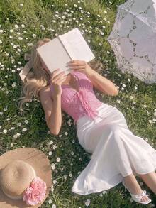 Glamine Charm 女士性感露背吊带背心，不对称下摆深V领前系带沙滩度假背心 - 粉色 - 查看 7