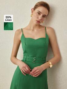 MOTF PREMIUM LINEN MINIMALIST ELEGANT DOUBLE WAISTBAND FLARED MIDI DRESS, SPRING/SUMMER - Green - View 2