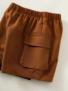 SHEIN 两件套男女宝宝休闲条纹背心T恤和工装短裤套装，男宝宝服装，男宝宝夏季服装，街头服饰 - 棕色 - 查看 5