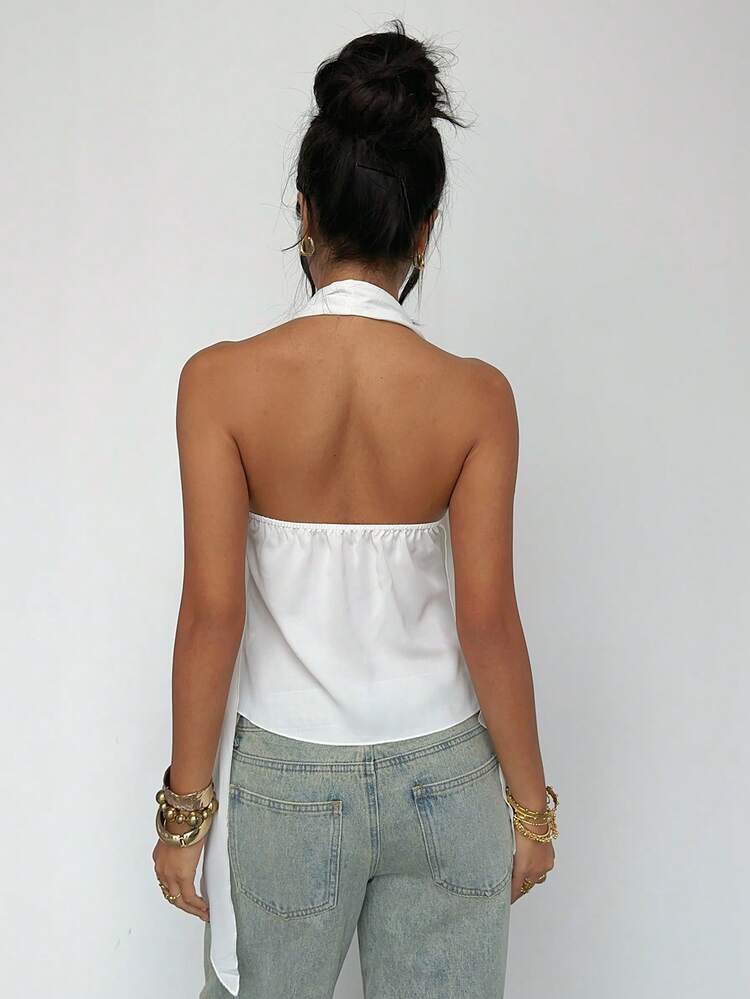 White Metal Decor V-Neck Sleeveless Top For Women