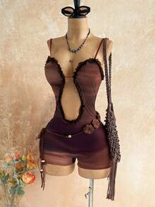 Soleia Women's Sexy Tie-Dye Print Hollow Out Spaghetti Strap Fitted Romper - Multicolor - View 5