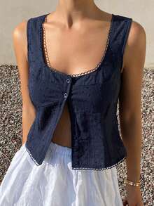 Dazy Tall Débardeur bohème décontracté pour femmes, style patchwork en dentelle, texture ouverte à l'avant, tenue d'été - Bleu marine - Voir 6