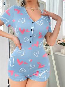 SweetSlumber Bộ đồ ngủ liền thân họa tiết trái tim dành cho nữ - Màu xanh lam - Xem 3