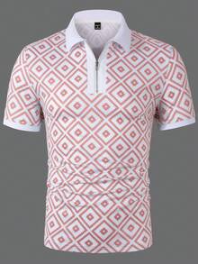 Manfinity Homme Polo a maniche corte da uomo con stampa geometrica e design con chiusura lampo - Rosa - Visualizzare 3